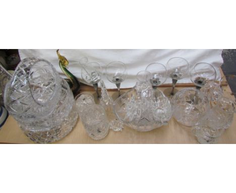 A cut glass decanter together with assorted glass bowls, drinking glasses etc