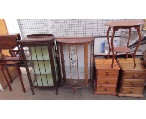 A pair of pine bedside cabinets together with an occasional table, two display cabinets, a side table and an oak drop leaf ta