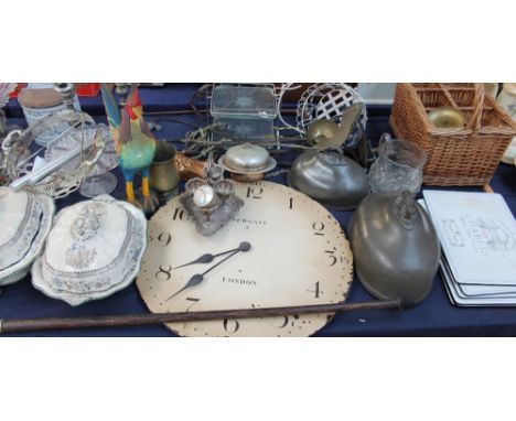 A large lot including a walking stick, dish covers, table lamp, pottery etc