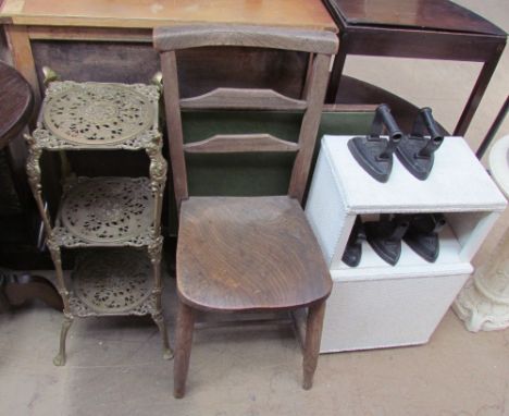 A brass three tier plant stand together with a chair, folding card table, loom bedside cabinet and flat irons