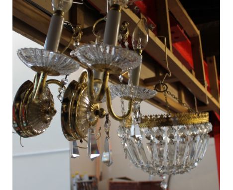 A lustre drop lamp shade together with two wall lights
