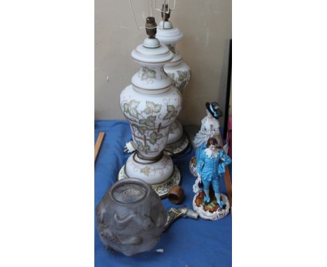 A pair of opaque glass table lamps, glass fish bowl, pair of porcelain figures and an oil painting, greyhound head, walking s