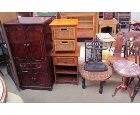 A mirrored top wine table together with a pine back stool, copper topped table, bentwood hat and coat stand, framed knots, mo