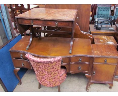 A walnut dressing table together with a Vono folding card table, walnut coffee table, headboards, upholstered chair and bedsi