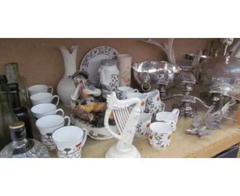 A Belleek harp and vase together with a pottery figure, Coalport Hunting Scenes mugs, glass bottles, Midwinter part tea set, 