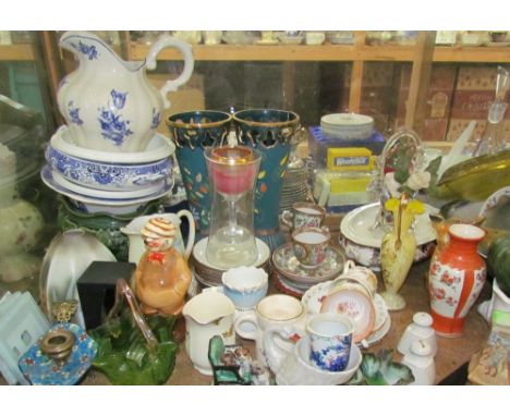 A large lot including pottery vases, part tea sets, lamp shades, and brass wares together with Cantonese cups and saucers, po
