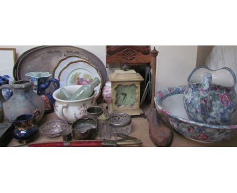 A large lot including a Simlay pattern part dinner set, jug and basin sets, prints, electroplated trays, studio pottery jug, 