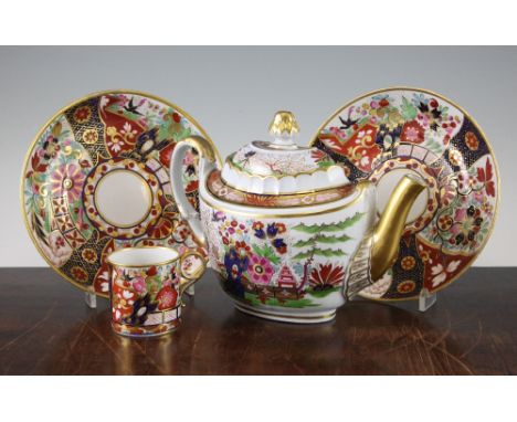 A Barr Flight & Barr Imari palette porcelain teapot, coffee can and two dishes, c.1809, decorated with a typical polychrome a