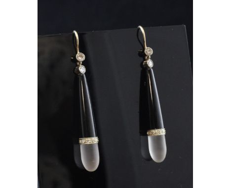 A pair of 1920's style, diamond set black enamel and frosted glass drop earrings, of elongated teardrop form, 1.5in.