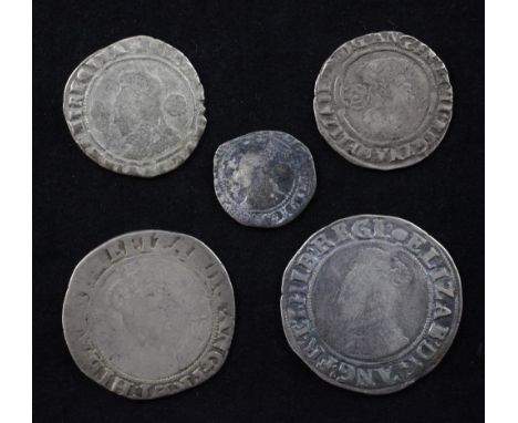 Five Queen Elizabeth I silver coins, comprising two shillings, fifth issue, one VG with weak portrait, a 1566 sixpence, 1579 