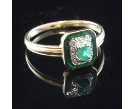 A 14ct gold, emerald, green enamel and diamond set ring, of octagonal form, size W.