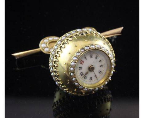 An early 20th century gold and split pearl set globe fob watch, with Arabic dial, suspended from a gold and split pearl set b