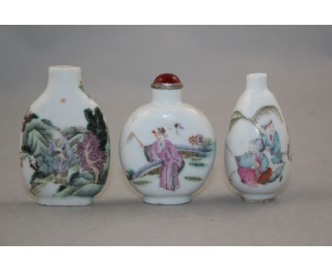 Three Chinese famille rose snuff bottles, 1830-1908, each painted with figures in landscapes, the first of flattened pear for