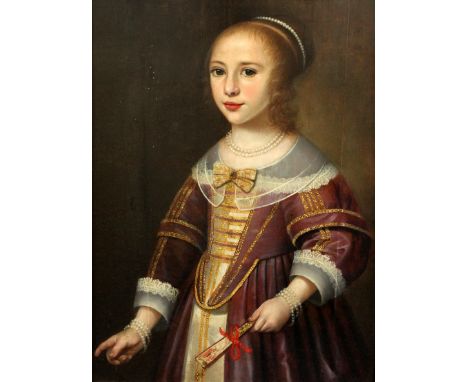 17th century English Schooloil on wooden panel,Portrait of a young woman wearing pearls and a lace trimmed dress, holding a f