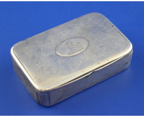 A Victorian engine turned silver snuff box, of rectangular form with engraved armorial and match striking panel, William Summ
