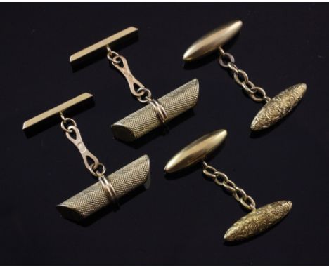 A pair of Italian engine turned 18ct gold baton shaped cufflinks and a pair of 18ct gold torpedo shaped cufflinks, with engra
