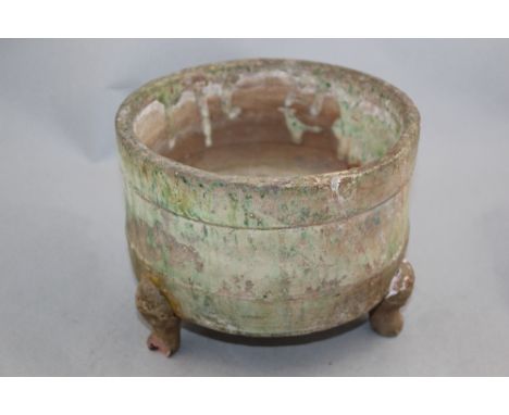 A Chinese green glazed tripod vessel, Han dynasty, 21.5cm diam.