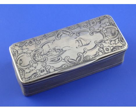 A mid 19th century Portuguese silver snuff box, of rounded rectangular form, with reeded decoration and lid engraved with sho