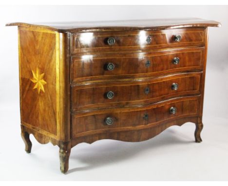 An 18th century Maltese olive wood and fruitwood serpentine commode, with four long graduated drawers and inlaid with star mo