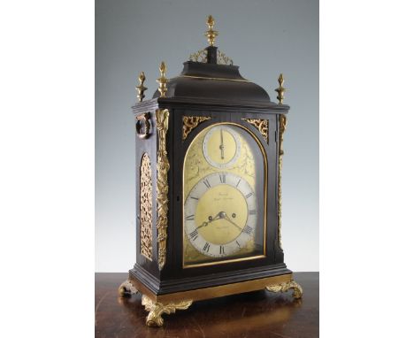 French, Royal Exchange London. A Victorian brass mounted ebonised bracket clock, the arched dial with silvered strike silent 