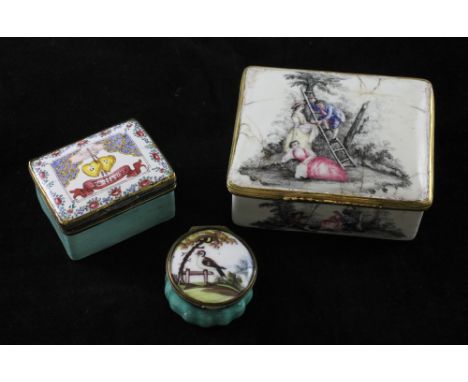 A late 18th century German enamel rectangular snuff box, decorated with figures and landscape views, with reeded gilt metal m