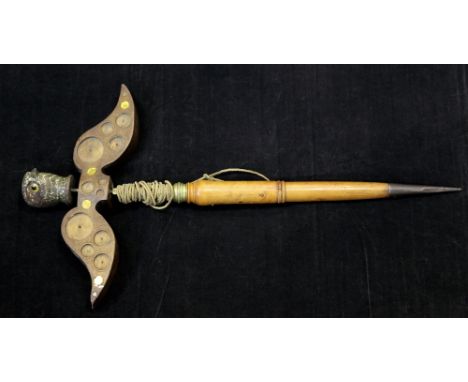 An unusual 19th century lark lure or mirror, with carved and painted bird head finial and wing shaped body, inlaid with colou