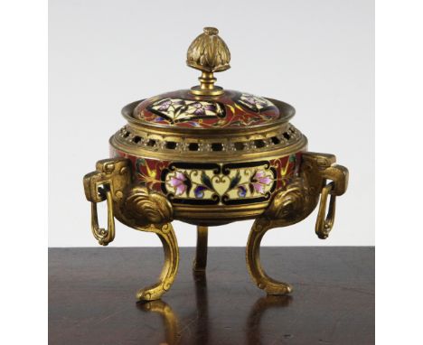 A late 19th / early 20th century French champleve and ormolu vase and cover, modelled as a Chinese tripod censer, with pierce