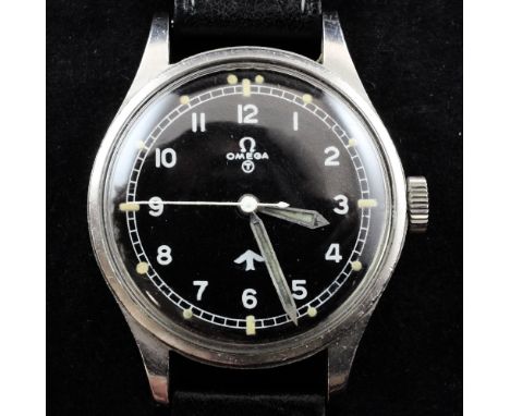 A gentleman's early 1950's stainless steel Omega military issue pilot's wrist watch, with black Arabic dial and case back ins