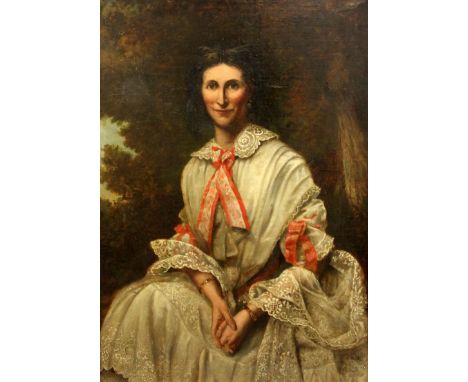 Victorian Schooloil on canvas,Portrait of a lady wearing a lace trimmed white dress,40 x 30in.