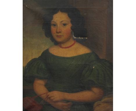 English School c.1850oil on canvas,Portrait of a young lady wearing a green dress and a coral necklace,23 x 19in.