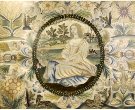 A 17th century embroidered silk portrait panel, depicting a seated female beside a river landscape surrounded by birds, insec