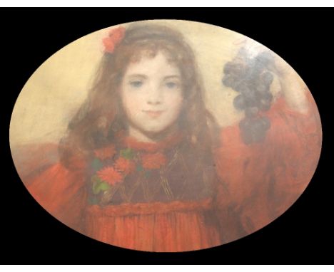 Late 19th century French Schoolpastel,Portrait of a girl holding a bunch of grapes,17 x 22in.