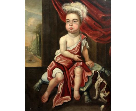 Early 18th century English Schooloil on canvas,Portrait of a child seated upon a cushion with a spaniel, a garden vista beyon
