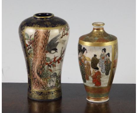 Two Japanese Satsuma pottery miniature vases, early 20th century, the first of baluster form painted with panels of figures i