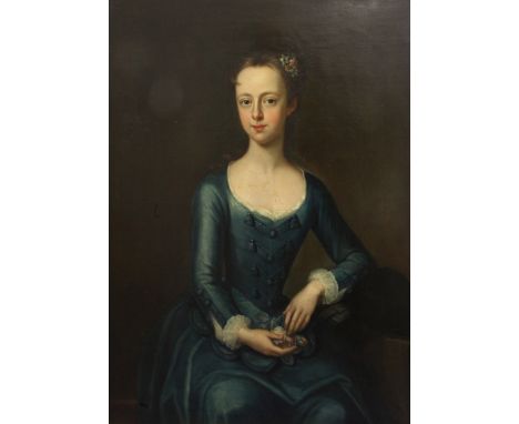 Attributed to Michael Dahl (1646-1743)oil on canvas,Portrait of a lady seated in a blue dress with flowers in her hair,36 x 2