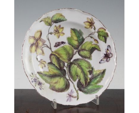 A Chelsea Hans Sloane botanical plate, c.1755, painted with yellow flowers and insects amidst green leaves all within a brown