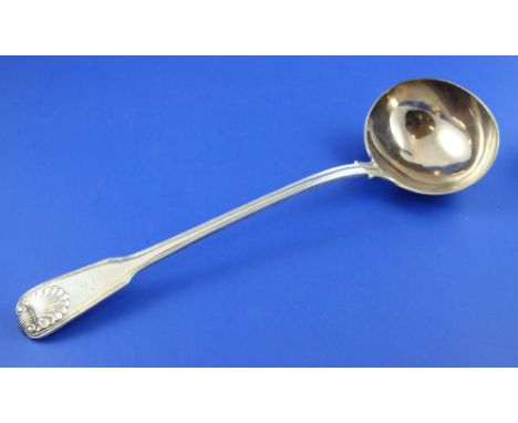 A Victorian silver fiddle, thread and shell pattern soup ladle, with engraved armorial, Elizabeth Eaton, London, 1847, 13.75i