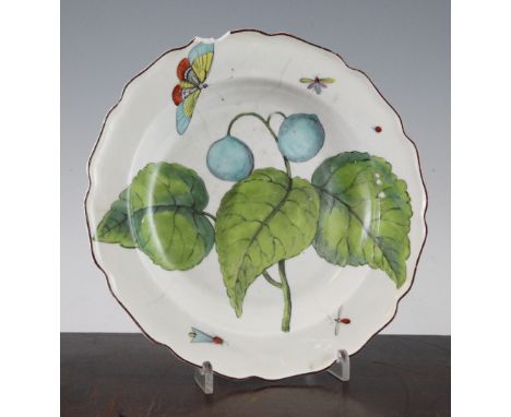 A Chelsea Hans Sloane botanical plate, c.1758, painted with butterflies and insects amidst three large green leaves and a tur