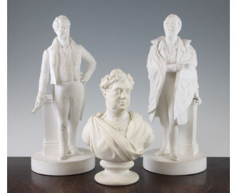 Two Minton biscuit bone china portrait figures and a similar bust, c.1832-40, the standing figures of the Duke of Wellington 