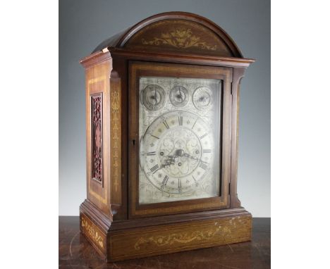An Edwardian inlaid mahogany chiming bracket clock, the rectangular silvered dial with old St Pauls / Westminster chime selec