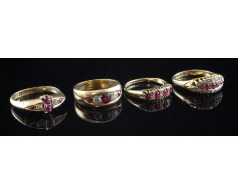 Four early 20th century 18ct gold, ruby and diamond set rings, of varying designs and sizes.