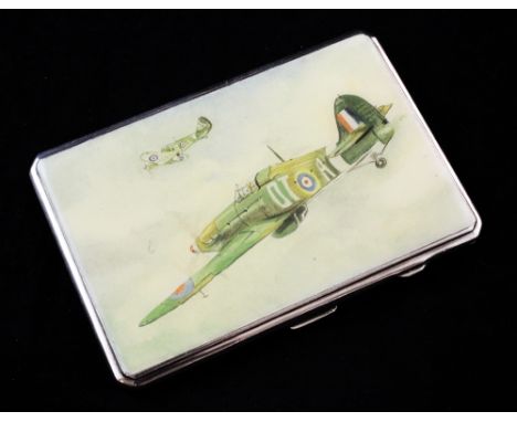 A George VI silver cigarette case with enamelled top painted with two Hurricanes, of rectangular form, with canted corners, I