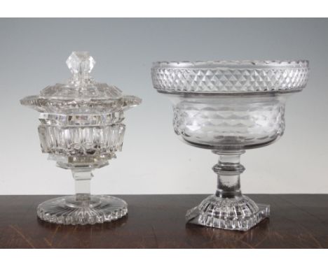 An Irish cut glass pedestal comport and a cut glass sweetmeat jar and cover, c.1830, the Irish comport diamond and facetted c