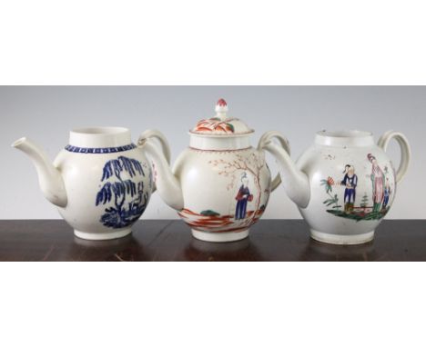 A Liverpool pearlware porcelain teapot, late 18th century, painted in colours with Chinese figures, 12.5cm, and two Penningto