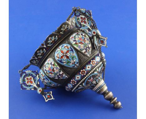 An early 20th century Russian for the Persian market silver and cloisonne enamel hanging mosque lamp, with segmented inverted