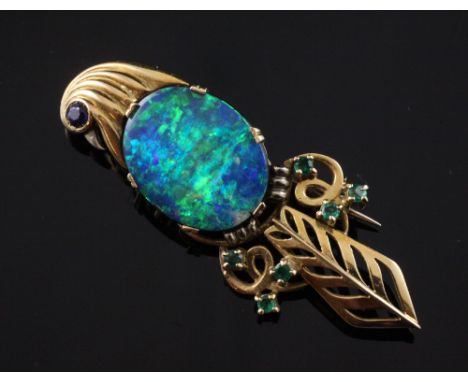 A stylish 1970's? 18ct gold, opal doublet and gem set brooch, modelled as a bird, with maker's mark, gross weight 8.5 grams, 