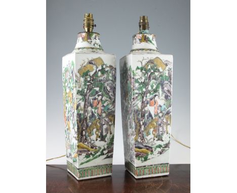 A pair of large Chinese famille verte square tapering vases, late 19th century, each painted with a battle scene with figures