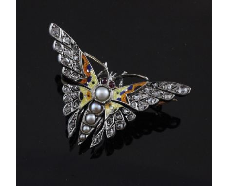 A gold and platinum, rose cut diamond, graduated split pearl and enamel butterfly brooch, with ruby eyes, in Mappin & Webb bo