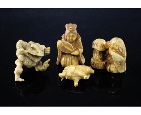 Four Japanese ivory or bone figures, late 19th / early 20th century, the first the kneeling figure of Benten, the second the 