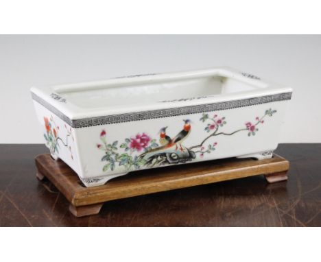 A Chinese famille rose rectangular narcissus bowl, Qianlong mark, Republic period, the exterior painted with crows perched on